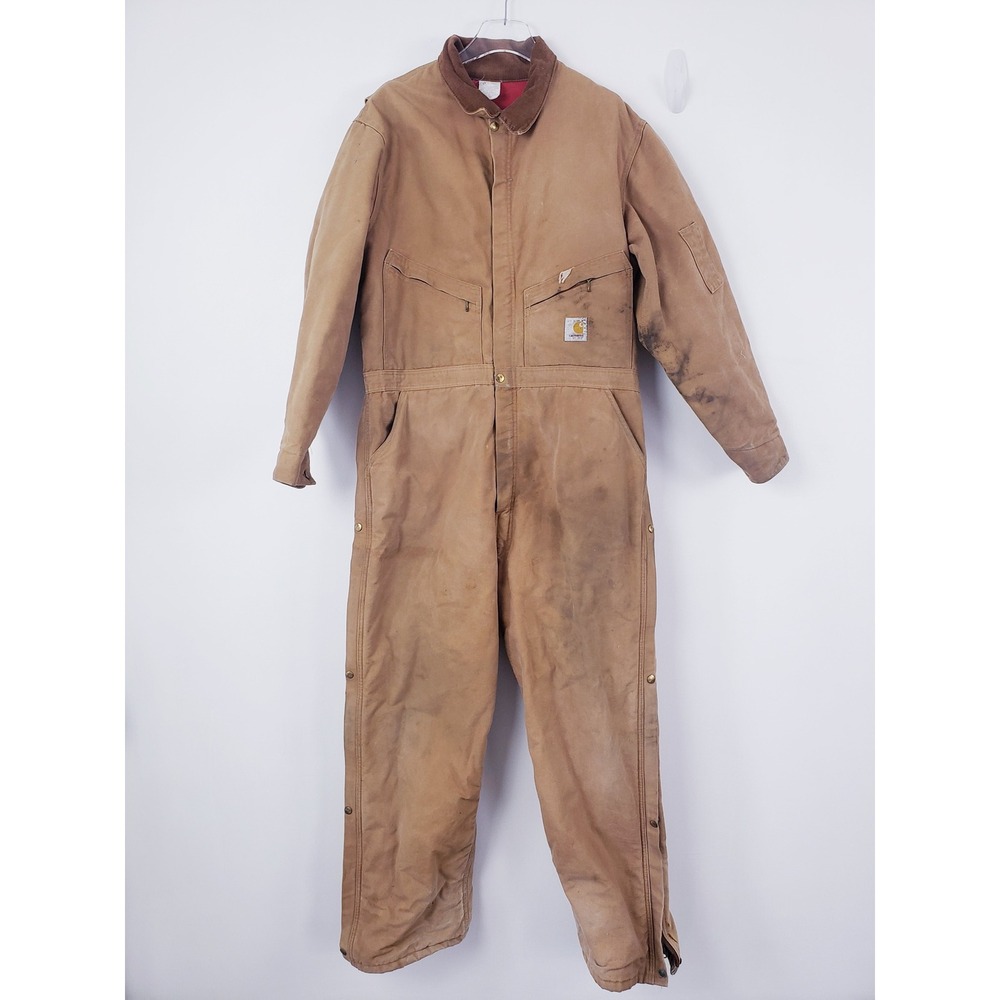 Vintage Carhartt Coveralls Quilted Distressed Duck Canvas Men's 46 R Jumpsuit